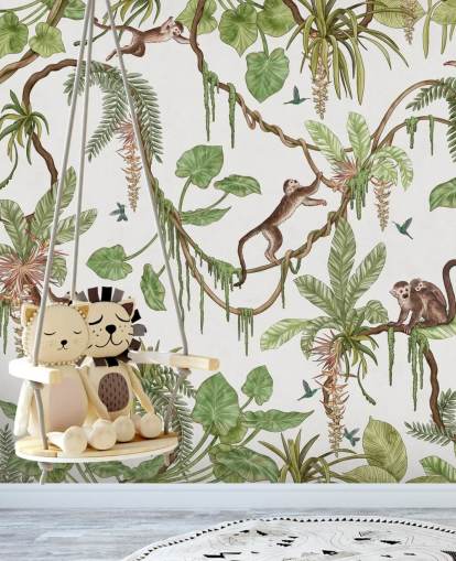 fresque murale blanche personnalisable pour enfants appelée Playful Monkeys - White de Kikki Belle pour les crèches