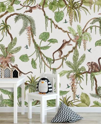 mural de pared infantil personalizable en blanco llamado Playful Monkeys - White de Kikki Belle para guarderías mural de pared infantil personalizable en blanco llamado Playful Monkeys - White de Kikki Belle para guarderías