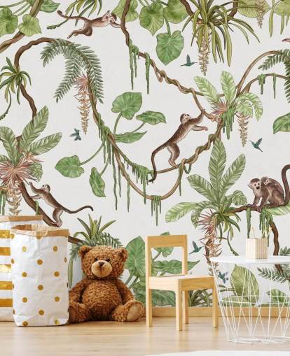 valkoinen muokattava lasten seinämaalaus nimeltä Playful Monkeys - White by Kikki Belle lastentarhoille