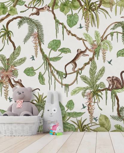 mural de pared infantil personalizable en blanco llamado Playful Monkeys - White de Kikki Belle para guarderías