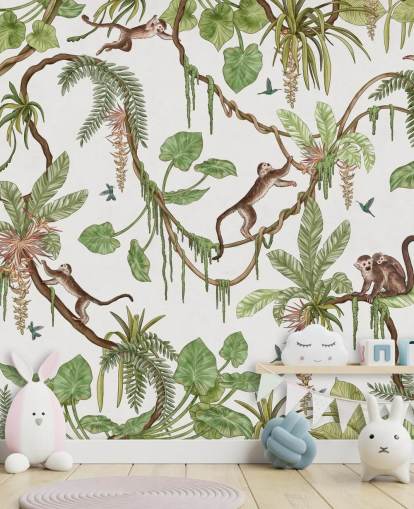 vit anpassningsbar barnväggmålning som heter Playful Monkeys - Vit av Kikki Belle för plantskolor