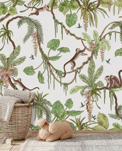 mural de pared infantil personalizable en blanco llamado Playful Monkeys - White de Kikki Belle para guarderías mural de pared infantil personalizable en blanco llamado Playful Monkeys - White de Kikki Belle para guarderías