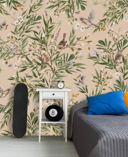 mural de papel de parede de berçário personalizável bege chamado Playful Robins - Beige de Kikki Belle