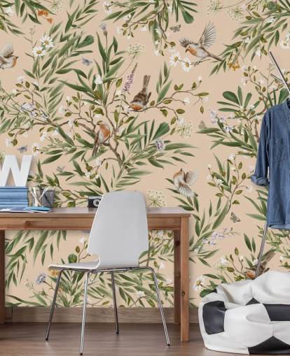 papier peint mural beige personnalisable pour chambre d'enfant appelé Playful Robins - Beige par Kikki Belle