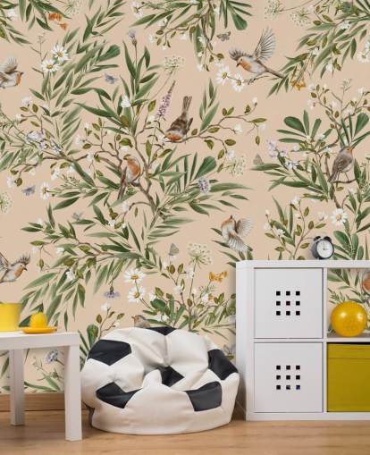 beige customisable nursery wallpaper mural called Playful Robins - Beige by Kikki Belle beige customisable nursery wallpaper mural called Playful Robins - Beige by Kikki Belle