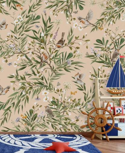 carta da parati murale beige personalizzabile per la cameretta dei bambini chiamata Playful Robins - Beige by Kikki Belle