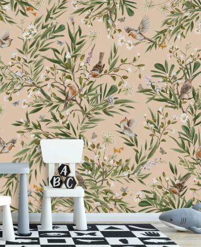 beige muokattava lastentarhan taustakuvamaalaus nimeltä Playful Robins - Beige by Kikki Belle beige muokattava lastentarhan taustakuvamaalaus nimeltä Playful Robins - Beige by Kikki Belle