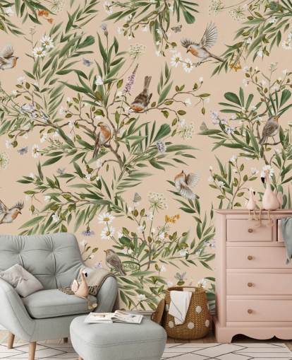 beige customisable nursery wallpaper mural called Playful Robins - Beige by Kikki Belle