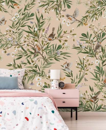 beige anpassningsbar barnkammarmålning som heter Playful Robins - Beige av Kikki Belle