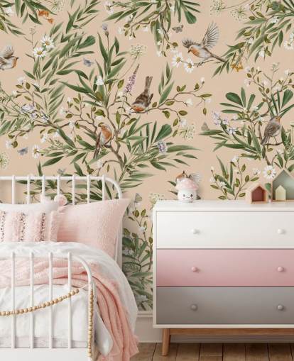beige aanpasbare muurschildering voor de kinderkamer genaamd Playful Robins - Beige van Kikki Belle beige aanpasbare muurschildering voor de kinderkamer genaamd Playful Robins - Beige van Kikki Belle