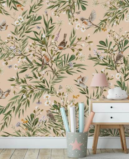 beige customisable nursery wallpaper mural called Playful Robins - Beige by Kikki Belle