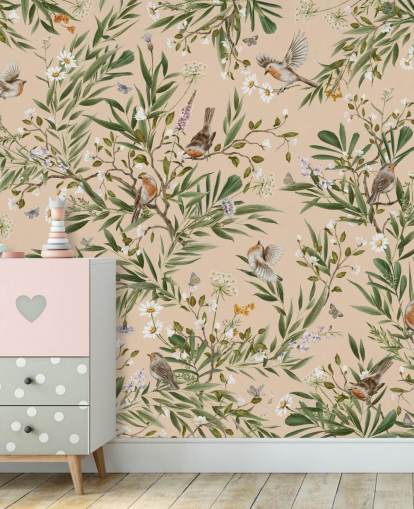 papier peint mural beige personnalisable pour chambre d'enfant appelé Playful Robins - Beige par Kikki Belle papier peint mural beige personnalisable pour chambre d'enfant appelé Playful Robins - Beige par Kikki Belle