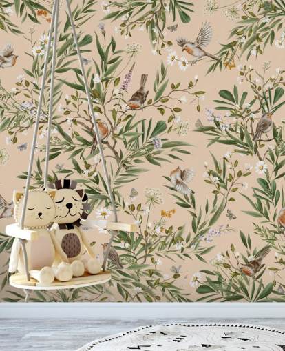 Beiges, personalisierbares Wandbild für das Kinderzimmer mit dem Titel Playful Robins — Beige von Kikki Belle