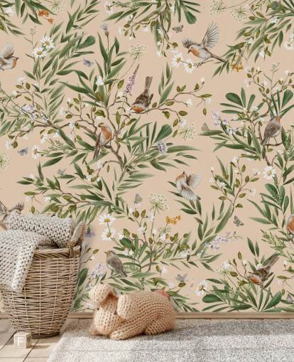 papier peint mural beige personnalisable pour chambre d'enfant appelé Playful Robins - Beige par Kikki Belle