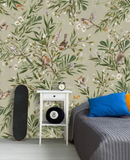 green custom robin wall mural called Playful Robins - Green by Kikki Belle green custom robin wall mural called Playful Robins - Green by Kikki Belle