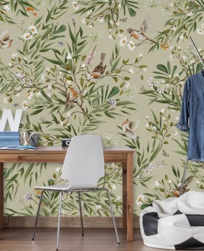 fresque murale verte personnalisée en forme de merle appelée Playful Robins - Green de Kikki Belle