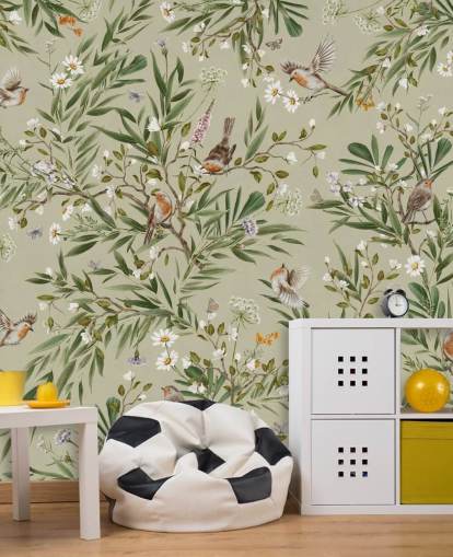 vihreä mukautettu robin-seinämaalaus nimeltä Playful Robins - Green, kirjoittanut Kikki Belle