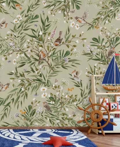 groene op maat gemaakte roodborstmuurschildering genaamd Playful Robins - Green van Kikki Belle