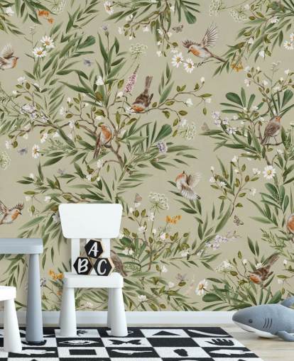 grøn brugerdefineret robin vægmaleri kaldet Playful Robins - Green af Kikki Belle