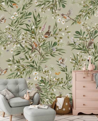 grünes individuelles Rotkehlchen-Wandbild namens Playful Robins - Green von Kikki Belle