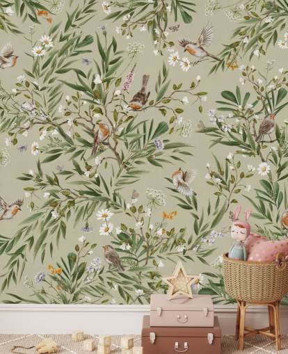 grön anpassad robin väggmålning som heter Playful Robins - Grön av Kikki Belle grön anpassad robin väggmålning som heter Playful Robins - Grön av Kikki Belle