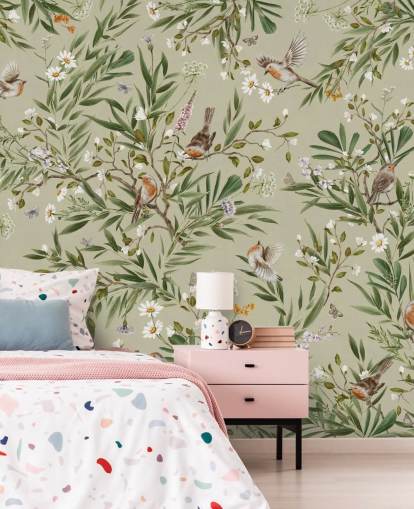grøn brugerdefineret robin vægmaleri kaldet Playful Robins - Green af Kikki Belle