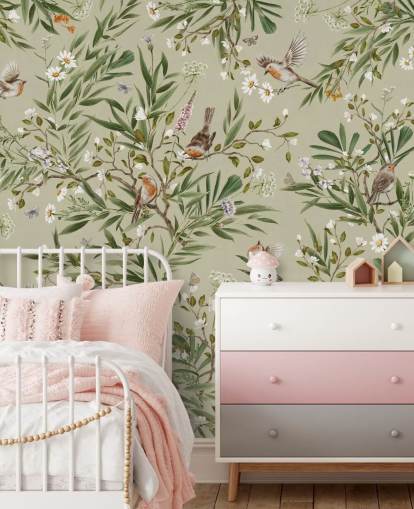 grünes individuelles Rotkehlchen-Wandbild namens Playful Robins - Green von Kikki Belle grünes individuelles Rotkehlchen-Wandbild namens Playful Robins - Green von Kikki Belle