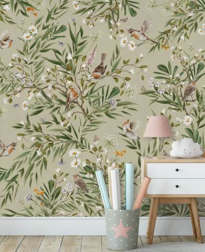 groene op maat gemaakte roodborstmuurschildering genaamd Playful Robins - Green van Kikki Belle
