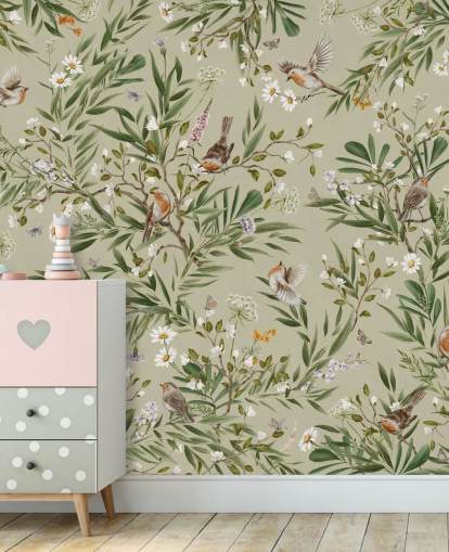 green custom robin wall mural called Playful Robins - Green by Kikki Belle