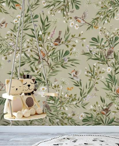 grünes individuelles Rotkehlchen-Wandbild namens Playful Robins - Green von Kikki Belle