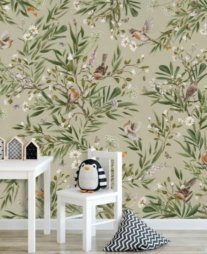 mural de pared verde personalizado de petirrojo llamado Playful Robins - Green de Kikki Belle mural de pared verde personalizado de petirrojo llamado Playful Robins - Green de Kikki Belle