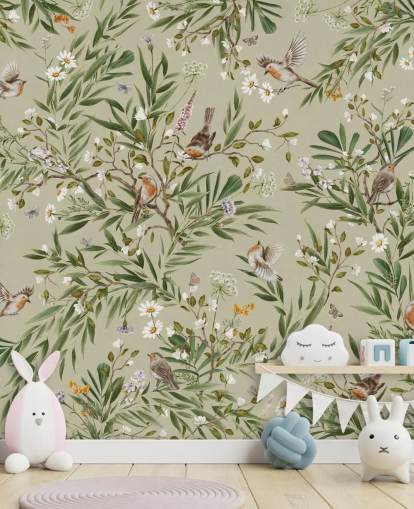 grønn tilpasset robin veggmaleri kalt Playful Robins - Green av Kikki Belle