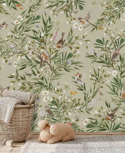 murale da parete personalizzato verde chiamato Playful Robins - Green by Kikki Belle