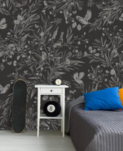 black custom nursery mural called Playful Robins - Monochrome Black by Kikki Belle for playrooms black custom nursery mural called Playful Robins - Monochrome Black by Kikki Belle for playrooms