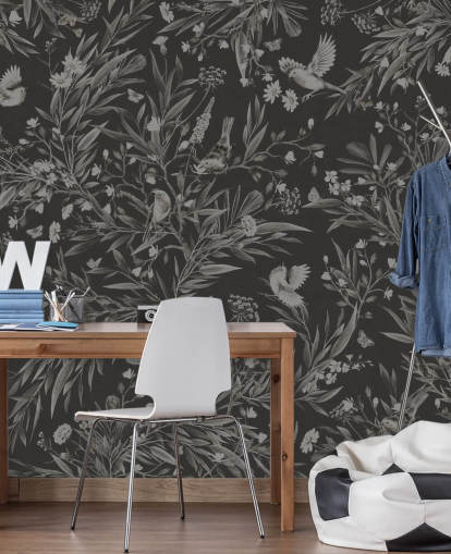 sort brugerdefineret børnehavevægmaleri kaldet Playful Robins - Monochrome Black af Kikki Belle til legerum sort brugerdefineret børnehavevægmaleri kaldet Playful Robins - Monochrome Black af Kikki Belle til legerum