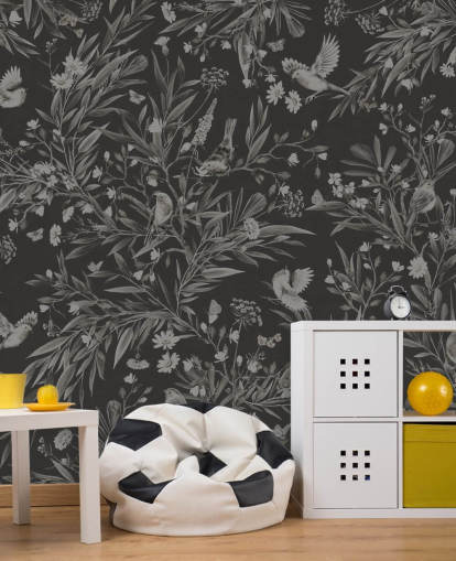 mural infantil negro personalizado llamado Playful Robins - Monochrome Black de Kikki Belle para salas de juegos