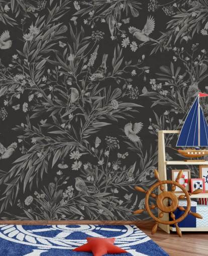 mural infantil negro personalizado llamado Playful Robins - Monochrome Black de Kikki Belle para salas de juegos