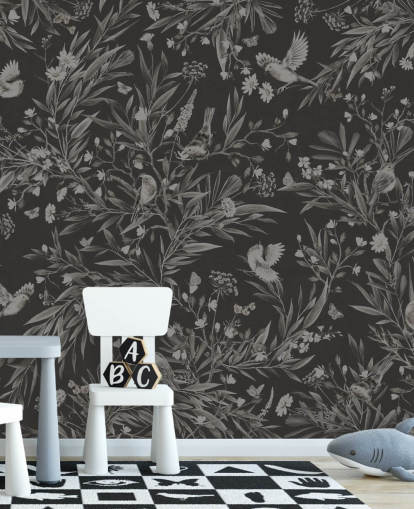 mural de berçário preto personalizado chamado Playful Robins - Monochrome Black de Kikki Belle para salas de jogos mural de berçário preto personalizado chamado Playful Robins - Monochrome Black de Kikki Belle para salas de jogos