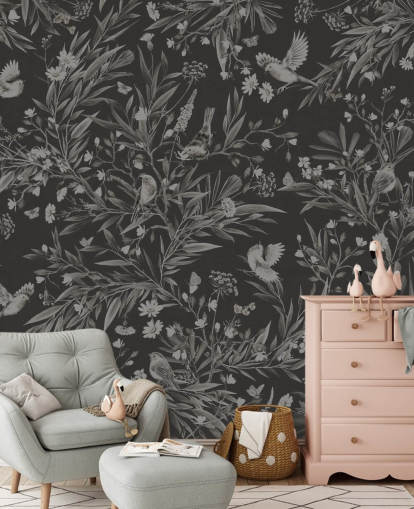 musta mukautettu lastentarhan seinämaalaus nimeltä Playful Robins - Monochrome Black, kirjoittanut Kikki Belle leikkihuoneisiin
