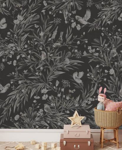 svart anpassad barnkammarmålning som heter Playful Robins - Monochrome Black av Kikki Belle för lekrum