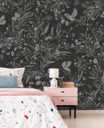 peinture murale noire personnalisée pour chambre d'enfant appelée Playful Robins - Monochrome Black de Kikki Belle pour salles de jeux