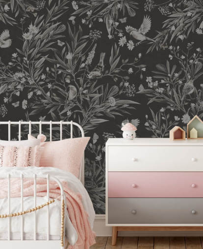 musta mukautettu lastentarhan seinämaalaus nimeltä Playful Robins - Monochrome Black, kirjoittanut Kikki Belle leikkihuoneisiin musta mukautettu lastentarhan seinämaalaus nimeltä Playful Robins - Monochrome Black, kirjoittanut Kikki Belle leikkihuoneisiin