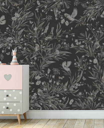 svart anpassad barnkammarmålning som heter Playful Robins - Monochrome Black av Kikki Belle för lekrum