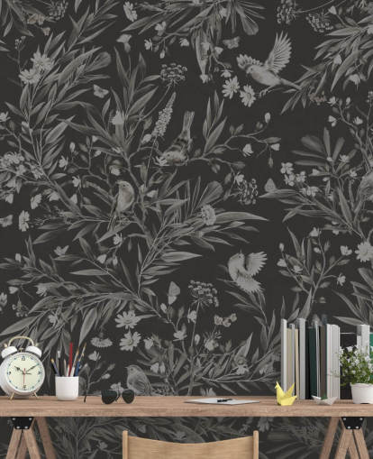 zwarte kinderkamermuurschildering op maat genaamd Playful Robins - Monochrome Black van Kikki Belle voor speelkamers zwarte kinderkamermuurschildering op maat genaamd Playful Robins - Monochrome Black van Kikki Belle voor speelkamers