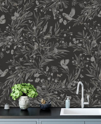 svart tilpasset barnehage veggmaleri kalt Playful Robins - Monochrome Black av Kikki Belle for lekerom svart tilpasset barnehage veggmaleri kalt Playful Robins - Monochrome Black av Kikki Belle for lekerom