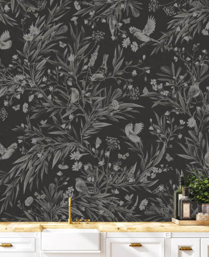 murale nero personalizzato per camerette chiamato Playful Robins - Monochrome Black di Kikki Belle per sale giochi murale nero personalizzato per camerette chiamato Playful Robins - Monochrome Black di Kikki Belle per sale giochi