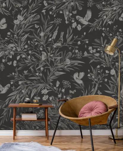 musta mukautettu lastentarhan seinämaalaus nimeltä Playful Robins - Monochrome Black, kirjoittanut Kikki Belle leikkihuoneisiin