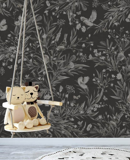 mural infantil negro personalizado llamado Playful Robins - Monochrome Black de Kikki Belle para salas de juegos mural infantil negro personalizado llamado Playful Robins - Monochrome Black de Kikki Belle para salas de juegos