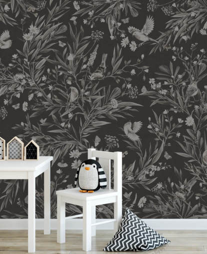 murale nero personalizzato per camerette chiamato Playful Robins - Monochrome Black di Kikki Belle per sale giochi