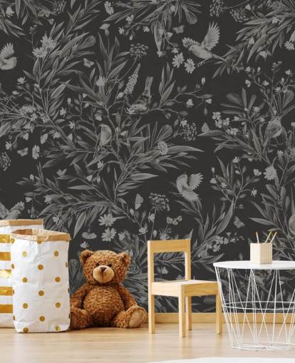 sort brugerdefineret børnehavevægmaleri kaldet Playful Robins - Monochrome Black af Kikki Belle til legerum